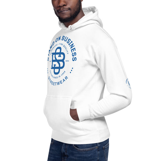 Stand on Business (All White Hoodie-Blue logo)